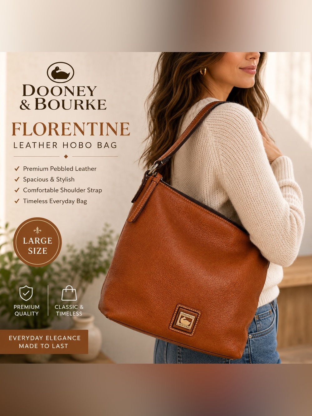 Dooney Bourke Florentine Leather Hobo Bag Brown Large Shoulder Bag